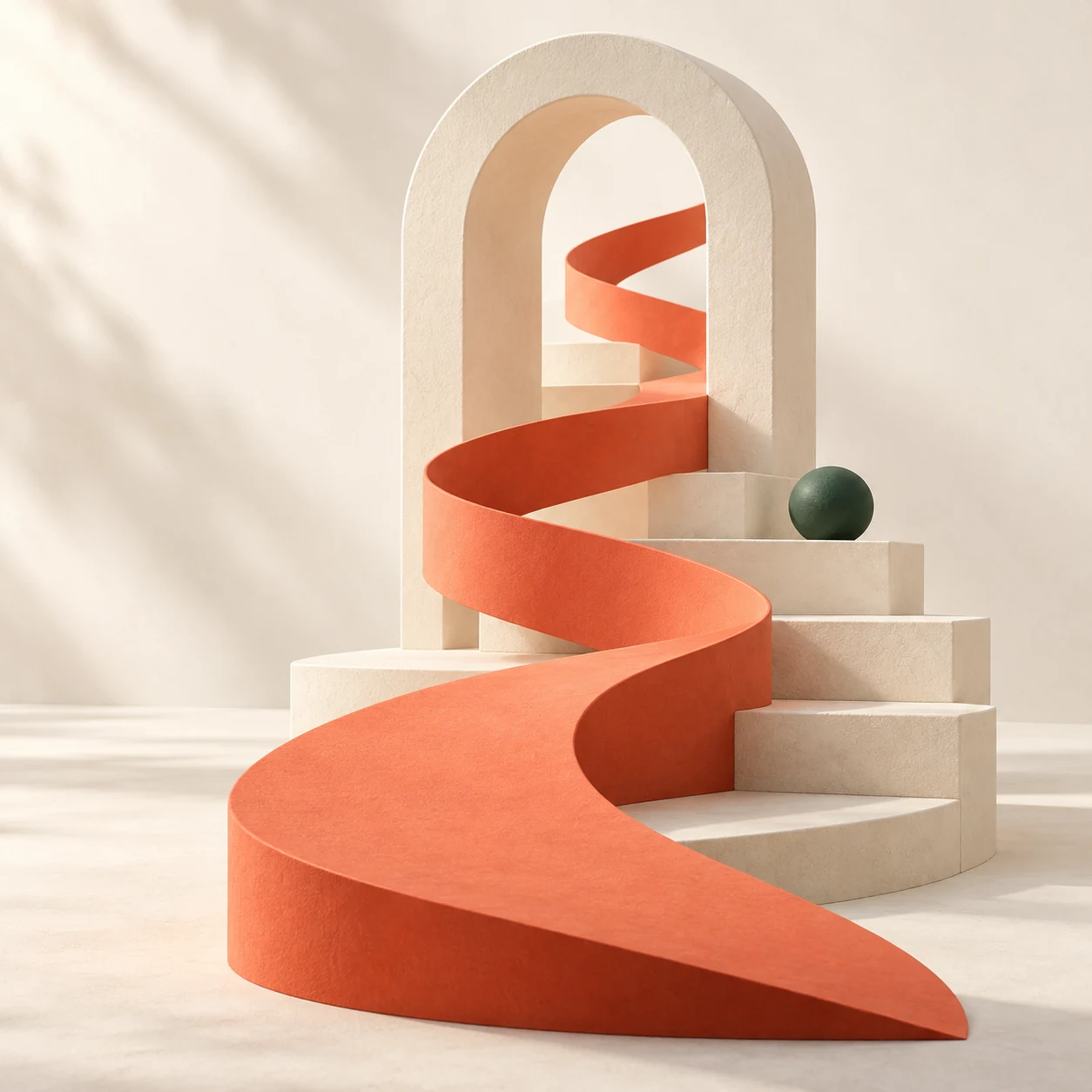 A coral path winds up a staircase and through an open arch.